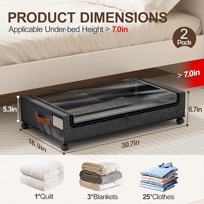 LAMU Under Bed Storage with Wheels, 2 Pack Under Bed Storage Containers with Clear Lid, XXL 60L Underbed Storage Bins, Rolling Under Bed Metal Drawers for Clothes, Blankets, Shoes, Hemp Grey
