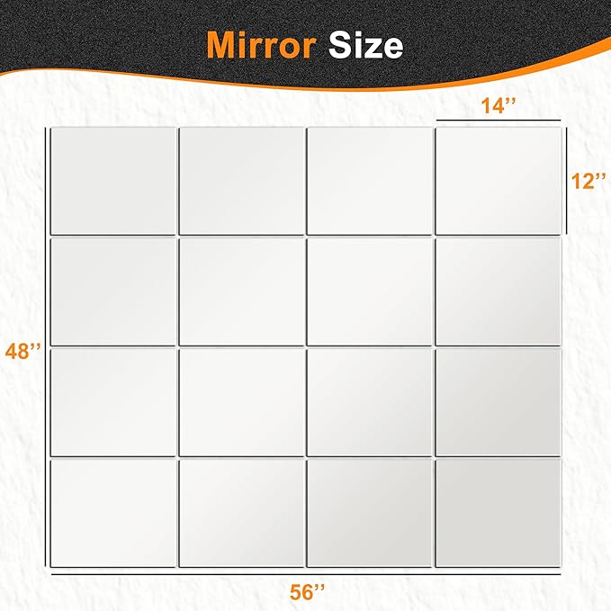 Delma Home Gym Mirror Tiles, 14'' x 12'' Glass Frameless Mirror (16 PCS), Large Wall Mirror for Home Gym,Bedroom,Door,Bathroom