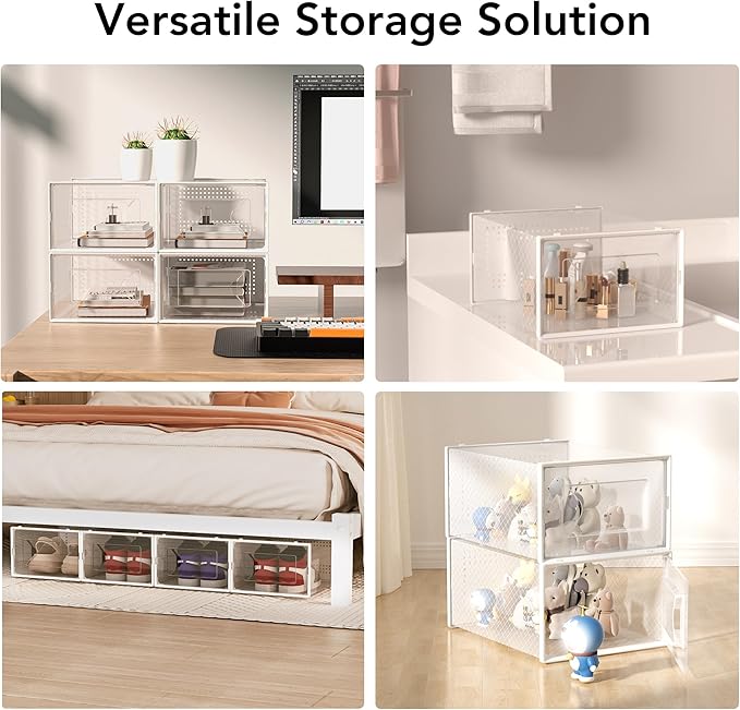 X-Large Shoe Storage Box, 15 Pack Clear Plastic Stackable Shoe Organizer for Closet, Interlocking Design Shoe Container Bins for Sneakers, Foldable Shoe Rack with Lids, White
