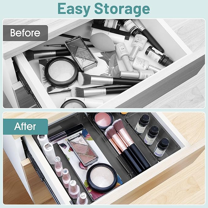 WOWBOX 21 PCS Clear Plastic Drawer Organizer Set, 4 Sizes Desk Drawer Divider Organizers and Storage Bins for Makeup, Jewelry, Gadgets for Kitchen, Bedroom, Bathroom, Office, Black