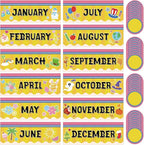 Zonon 48 Pcs Months of the Year Bulletin Board Set 12 Monthly Headliners Holiday Seasonal Monthly Bulletin Board Borders with 36 Round Blank Confetti Cutouts for Classroom(Pencil Style)