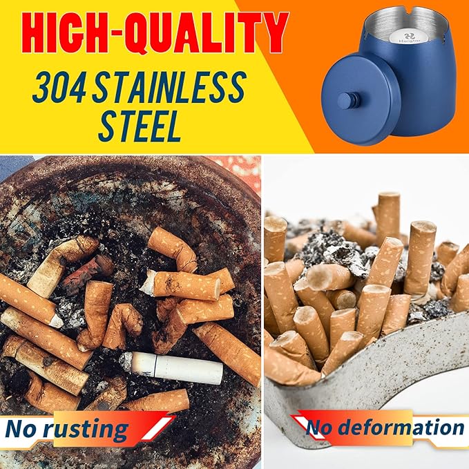 HARTAR Smokeless Ashtrays for Cigarettes Indoor, Ash Tray Sets Outdoor Windproof Cute Home Large Funny Metal Outside Ashtray with Lid for Cigarettes Butt Can for Outside Patio, Blue, Large