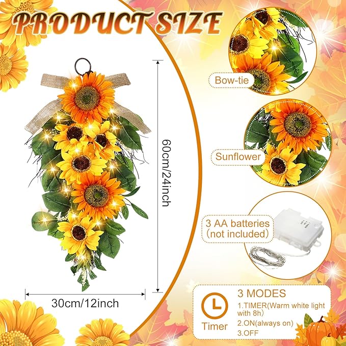 Lyrow 4 Pcs Cordless Prelit Christmas Sunflower Artificial Swags 24" Stairway Teardrop Trim Swag with Timer Christmas Staircase Decoration Battery Operated Garland for Indoor Outdoor Railing Decor