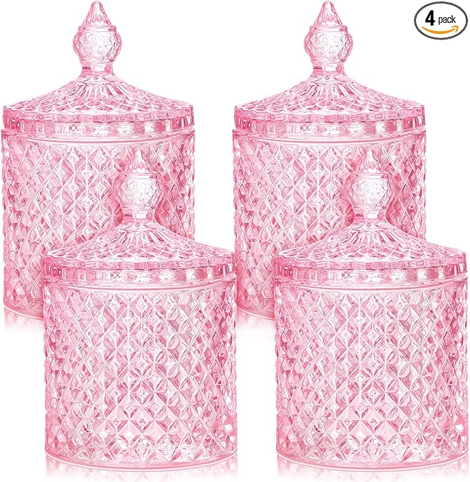 Aoriher 4 Pcs Crystal Glass Candy Jar Set with Lids Home Decorative Storage Jars for Apothecary, Bathroom, Kitchen, and Pantry, Ideal for Cotton Swabs and Jewelry (Large,Pink)