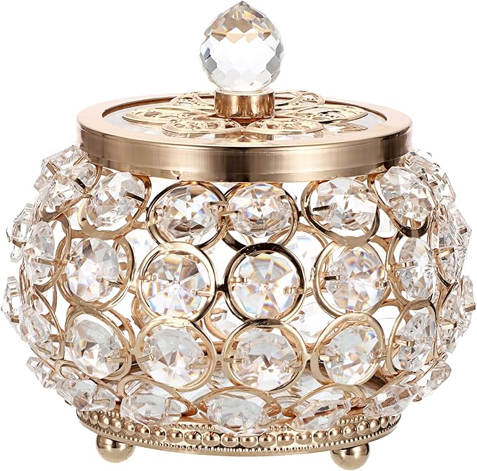 Hipiwe Crystal Jewelry Box with Glass Lid Small Trinket Organizer Mirrored Treasure Box Ring Holder Earrings Necklace Storage Box Keepsake Gift Box for Home Dresser Decor, Gold