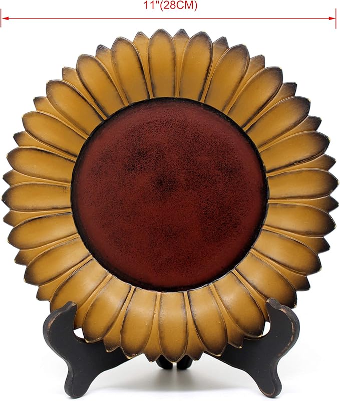 CVHOMEDECO. Sunflower Plate with Rack Primitives Rustic Display Wooden Plate Home and Office Décor Art, 11 Inch (Mustard Plate with Rack)