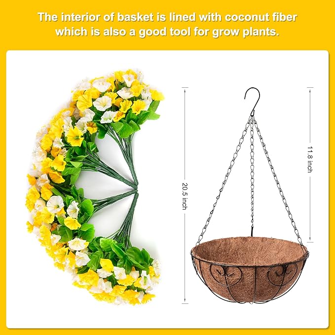 Artificial Hanging Flowers with Basket, Faux Silk Petunias Flower Arrangement, Coconut Lining with Morning Glories Fake Plants Patio Garden Porch Deck Fall Decor(Yellow and White)