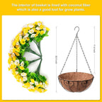 Artificial Hanging Flowers with Basket, Faux Silk Petunias Flower Arrangement, Coconut Lining with Morning Glories Fake Plants Patio Garden Porch Deck Fall Decor(Yellow and White)