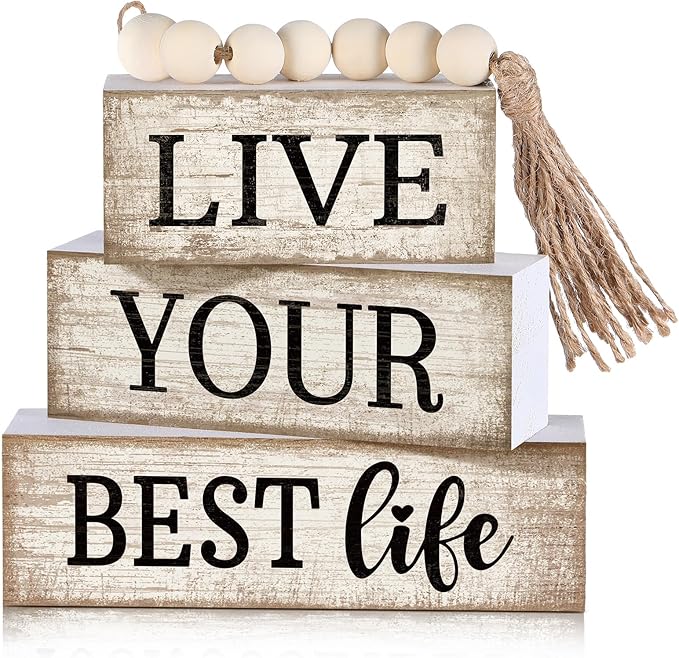 Moucuny 4 Pcs Farmhouse Table Decor Inspirational Wooden Signs Rustic Beaded Wooden Block Gift Sign Live Your Best Life Farmhouse Table Centerpiece for Living Room Housewarming Gift
