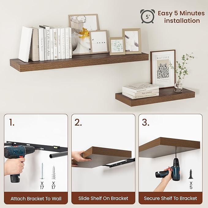 Vivelove 12 Inch Deep Floating Shelves for Wall, 24" X 12" X 2" Floating Shelf, 2 Inch Thick Shelf for Bathroom Bedroom Kitchen Book Room, Modern Farmhouse Decor Set of 2, Walnut