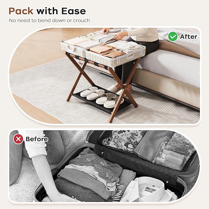 26.77" Full Assembled Luggage Rack for Guest Room, Set of 2 Bamboo Foldable Suitcase Stand, Bedroom & Hotel, Folding Luggage Holder with 5 Nylon Straps, 600D Oxford Fabric Shelf Walnut