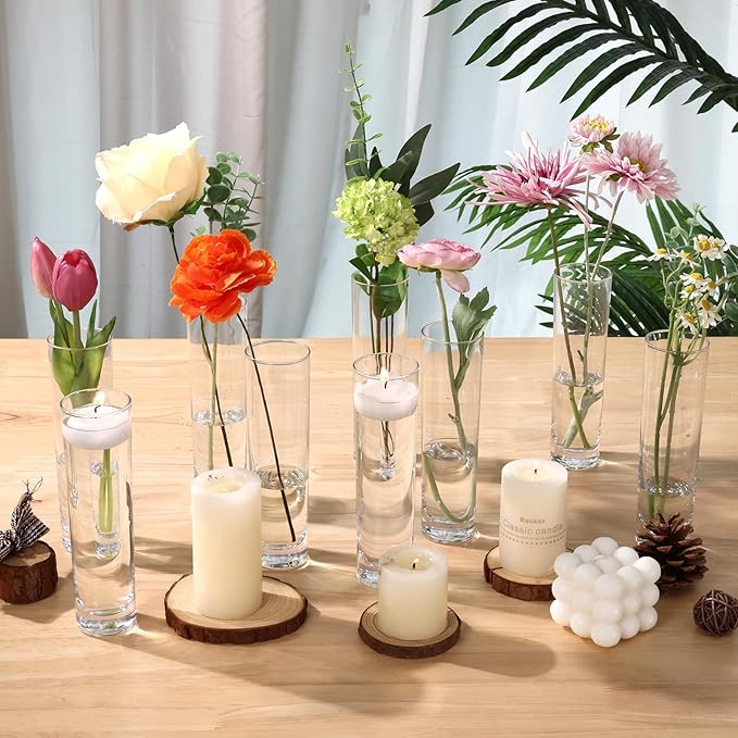 Fixwal 15 Pack Glass Cylinder Bud Flower Vases for Centerpieces Clear Small Glass Vases for Wedding Decorations,Handmade Clear Glass Vases for Party Decor,Cylinder Vases in Bulk for Home Decor