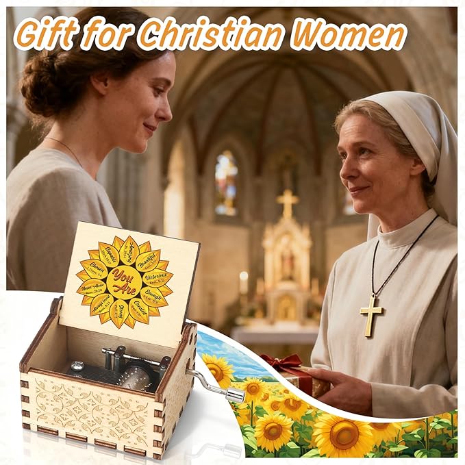 Christian Music Box Wooden Musical Boxes Motivational Inspirational Gifts for Women Christmas Birthday Gifts Presents Sunflower Gift Valentines Day Galentines Day Gifts for Girl Friend Sister Daughter