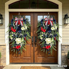2 Pack 21'' Patriotic 4th of July Teardrop Swag Wreaths Independence Day Patriotic Floral Swag with Artificial Flowers and Fern Leaves Hanging Wreath for Double Front Doors Porch Window Wall Farmhouse
