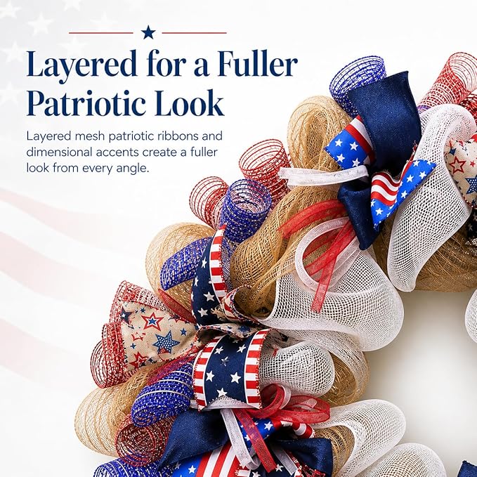 250th Anniversary Patriotic Wreaths for Front Door, 28 Inch Extra Large 4th of July Wreath, Pre-Lit Layered Ribbon Design, Red White and Blue Memorial Day Decorations with Storage Bag