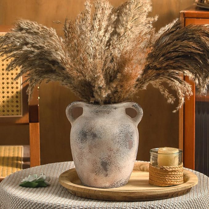 Enra Rustic Farmhouse Vase with Handle,7.8 Inch Pottery Decorative Flower Vase for Home Decor,Large Vintage Terracotta Vase for Table, Living Room, Bathroom Decoration, Shelf Decor, Mantel