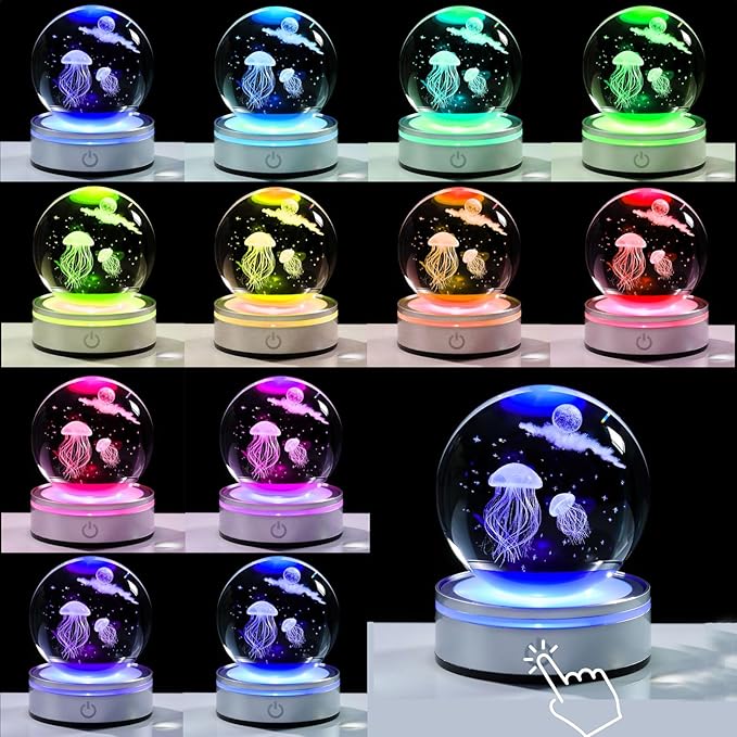 Movdyka 3D Crystal Ball Jellyfish Decor Figurine Marine Biology Gifts for Women Men Night Light, Laser Engraved Jellyfish Ornament Glass Snow Globe Room Art Decor Crafts