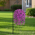 Artificial Faux Hanging Flowers Basket for Spring Summer Outdoor Porch Decor, Fake Silk Colorful Morning Glory Eucalyptus in Planter UV Resistant Look Real for Home Balcony Yard(Darkorchid)