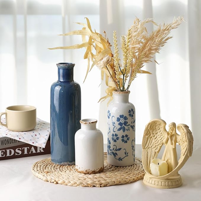Ceramic Vases Set of 3, Blue and White Flower Decorative Vase for Farmhouse Shelves, Rustic Vase for Table Bookshelf, Living Room
