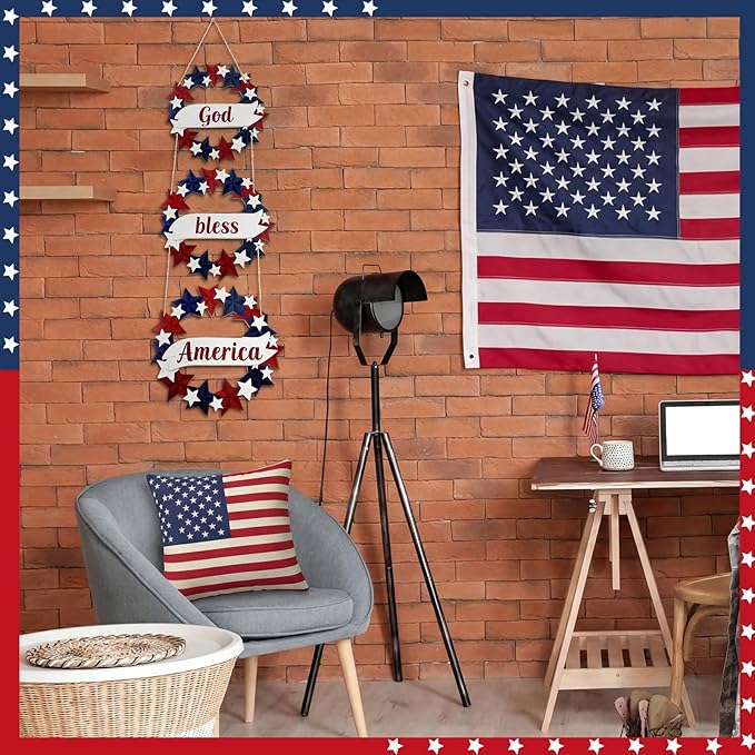 Peryiter 4th/Fourth of July Decoration 27 Inch Patriotic Wreath for Front Door Wooden Red White and Blue Star Sign Memorial Day God Bless America Decor for Porch Wall Outside, Assembly Required