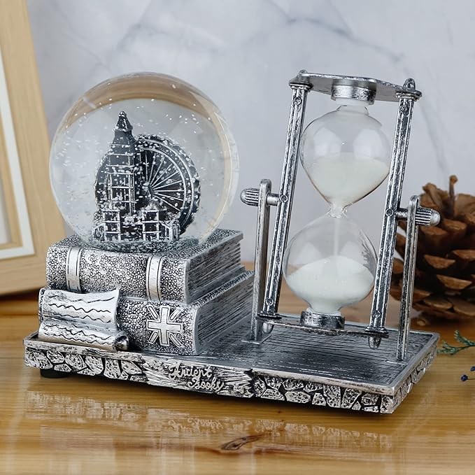 LED MusicCrystal Snow Globe， Sand Timer ，Hourglass,Home Decor,Table Decor for Living Room ，Office Desk Decorations[ Silver Ferris Wheel ]