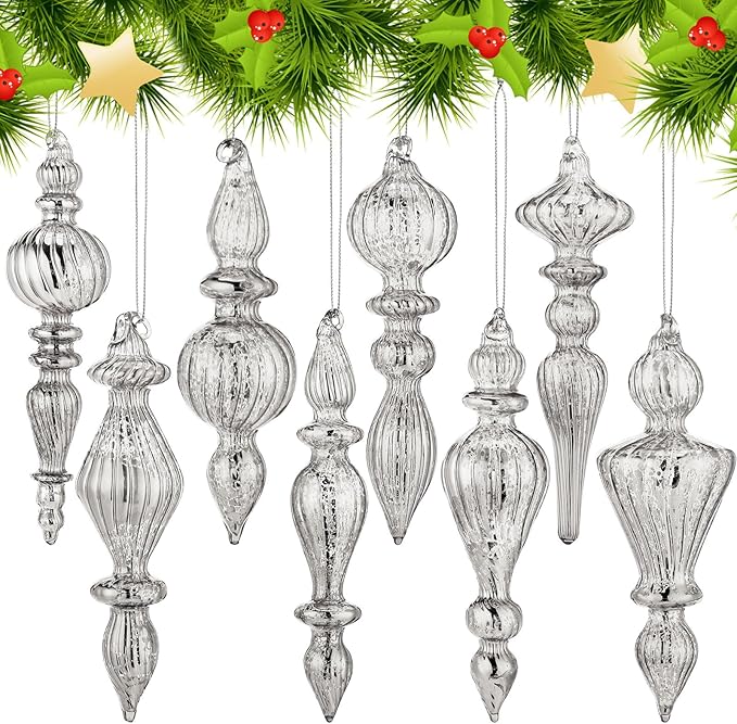 Mifoci 8 Pcs 6 Inch Mercury Glass Finial Christmas Ornaments Hanging Christmas Finials Glass Ornaments Assorted Mercury Decor for Vintage Holiday Xmas Tree Decoration(Silver)