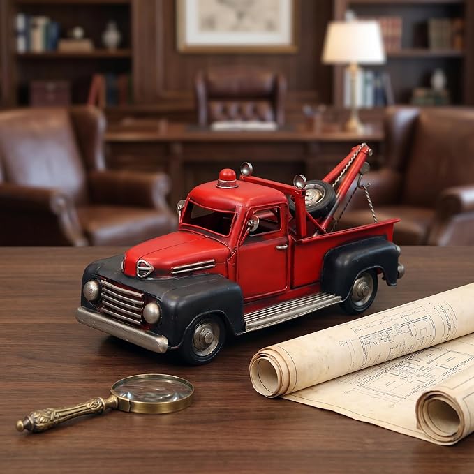 Vintage Red Tow Truck Decor Model, Classic Retro Metal Wrecker Truck Figurine, Distressed Rustic Collectible Sculpture for Home Office Shelf Desk Tabletop Decor