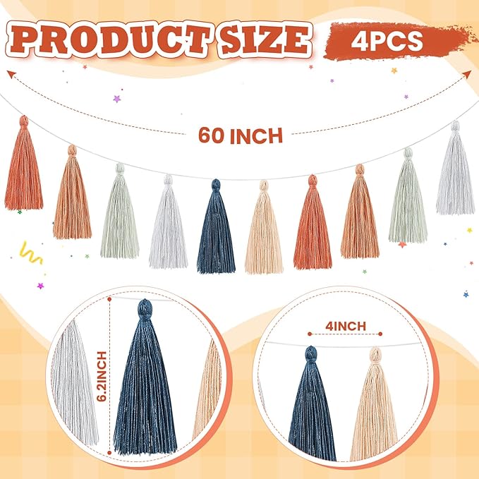 WILLBOND 4 Pieces Valentine's Day Tassel Garland for Classroom Wall Decor Boho Pastel Garland Cotton Tassel Banners for Party School(6.2 Inch,Brown Color)