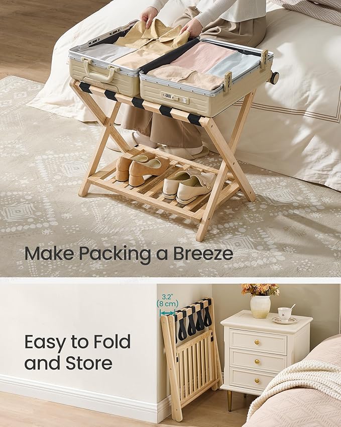 SONGMICS Solid Wood Luggage Rack, No Assembly Required, Foldable Suitcase Stand, Luggage Holder, with Storage Shelf, for Guest Room, Hotel, Bedroom, Natural Beige URLR020N02