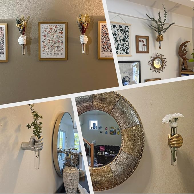 2 Pieces Wall Sculptures, Hands Vase Home Decor, Wall Mount Art Sculpture, Unique Wall Art Statue, Funky Flower Vase Decorations, Modern Eclectic Hanging Decor,Hands Statue (Wood(L+R))
