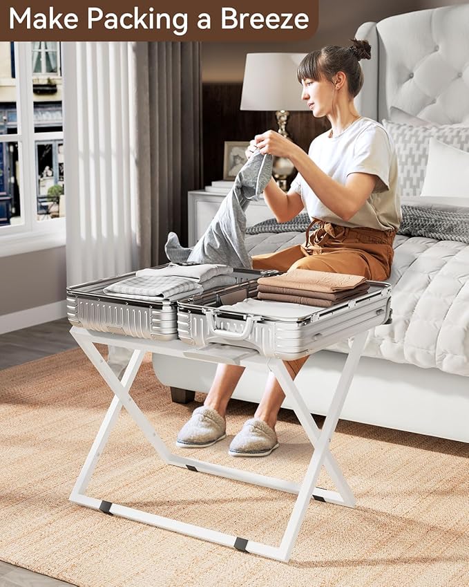 IBUYKE Luggage Rack for All Suitcase Sizes,Metal Luggage Holder,Foldable Suitcase Stand,Easy to Assemble for Bedroom Living Room Hotel,White TLR001W