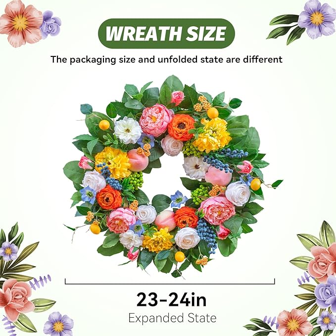 Pinkpuii Spring Wreaths for Front Door 24 Inch Vibrant Spring Summer Wreath with Peonies,Roses,Marigolds,Blueberries & Realistic Fruit Accents (Peach, Lemon)- Ideal for Porch,Entryway,Wall,Window