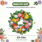 Pinkpuii Spring Wreaths for Front Door 24 Inch Vibrant Spring Summer Wreath with Peonies,Roses,Marigolds,Blueberries & Realistic Fruit Accents (Peach, Lemon)- Ideal for Porch,Entryway,Wall,Window
