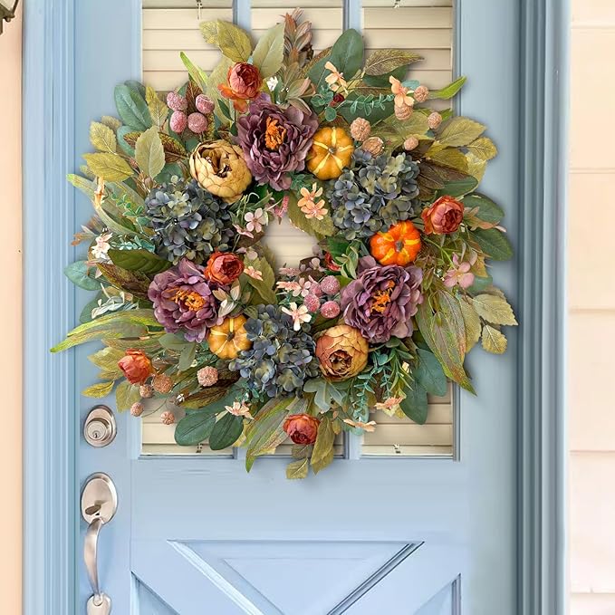 WANNA-CUL 24 Inch Spring Fall Wreaths for Front Door with Blue Hydrangea, Fall Wreath with Purple,Orange Peony-Fall Decoration for Home-Fall Decor Door Wreath for Valentines Day Mothers Day Autumn