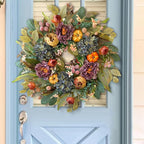 WANNA-CUL 24 Inch Spring Fall Wreaths for Front Door with Blue Hydrangea, Fall Wreath with Purple,Orange Peony-Fall Decoration for Home-Fall Decor Door Wreath for Valentines Day Mothers Day Autumn