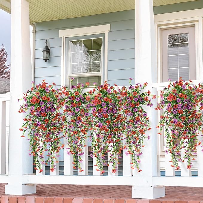Artificial Hanging Flowers Plants for Outdoor Spring Decoration,2 PCS Faux Silk Daisy with Eucalyptus Leaves,UV Resistant Look Real for Outside Home Indoor Planter Porch Patio Balcony Yard Decor