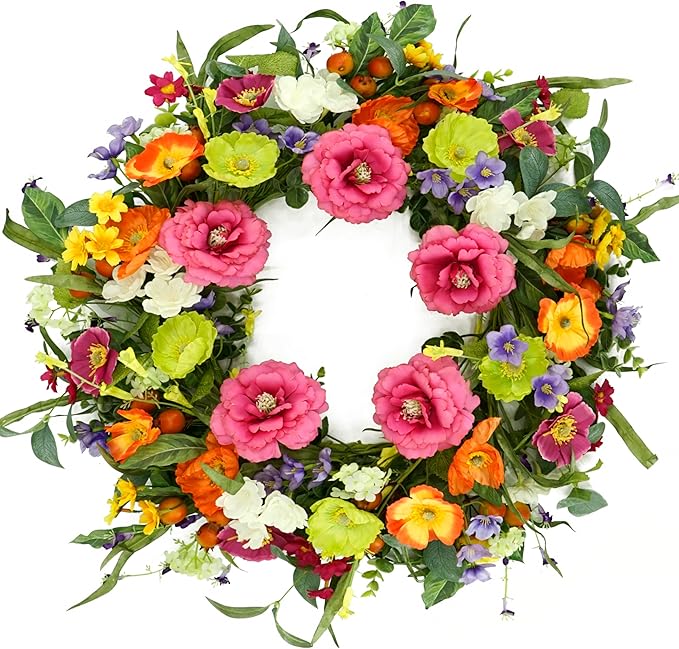 Artificial Spring Summer Wreaths for Front Door 22'' Peony Wreath Colorful Floral Wreath with Peony,Daisy,Poppy Flower Lavender for Indoor Outdoor Farmhouse Home Wall Window Festival Decoration