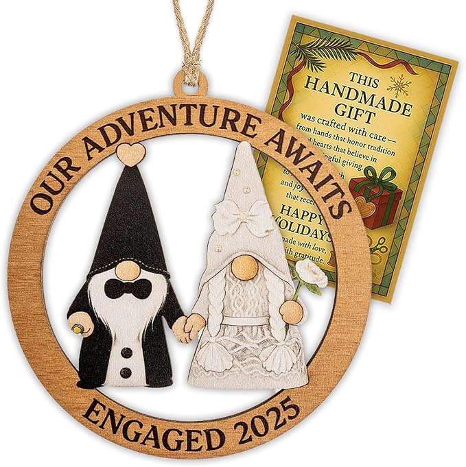 Engagement Ornament, Gnome Ornaments, Gnome Gifts for Women, Wedding Ornaments, Our Adventure Awaits Engaged 2026 Wooden Keepsake, Handmade Couple Christmas Decoration, Engagement Gifts Ready to Gift