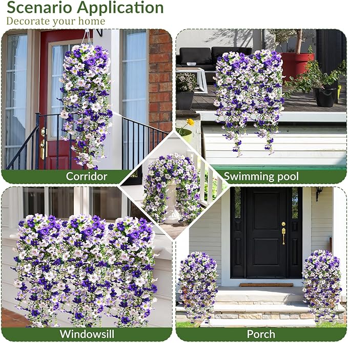 Waipfaru Artificial Petunias Flowers for Outdoors, 4 Pcs UV Resistant Fake Hanging Plants Spring Outside Decor, Faux Silk Flowers Long Trailing Vines for Outdoor Planters Porch Garden (Purple White)