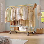 Raybee Clothes Rack Load 630LBS, Heavy Duty Clothes Rack, Rolling Clothing Racks for Hanging Clothes with Wheels, Adjustable & Commercial Garment Rack, 22" D x 75" W x 68" H, Gold
