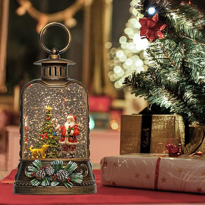 9.6" Christmas Snow Globe Lantern with Santa Claus - Water Swirling Glitter LED Light Musical Lantern with Exterior Decor - Vintage Xmas Gifts - USB Plug or Battery Operated Home Decor (Santa & Dog)
