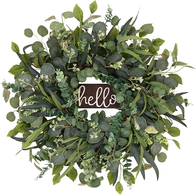 24" Eucalyptus Wreath with Hello Sign for Front Door, All Seasons Greenery Wreath, Artificial Eucalyptus Wreath for Farmhouse Porch, Window, Wall, Year Round Spring Summer Outdoor & Indoor Home Decor