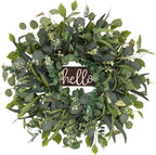 24" Eucalyptus Wreath with Hello Sign for Front Door, All Seasons Greenery Wreath, Artificial Eucalyptus Wreath for Farmhouse Porch, Window, Wall, Year Round Spring Summer Outdoor & Indoor Home Decor