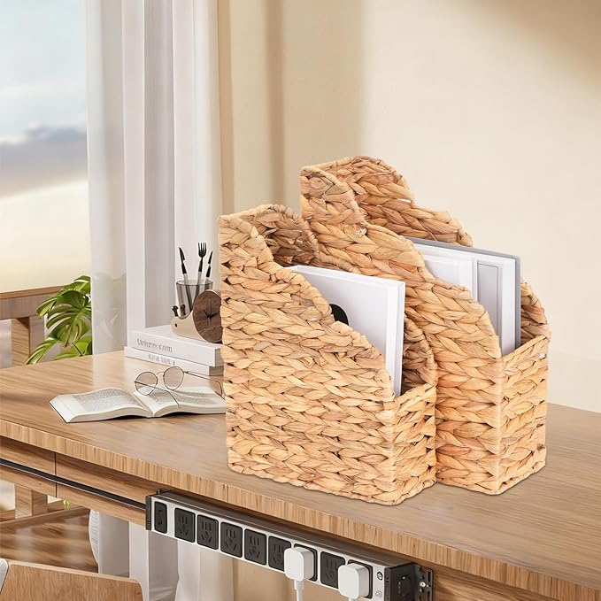 Water Hyacinth Magazine Holders, Scalloped Edge, Natural Handwoven Rattan Storage Baskets, Large and Small Size Packages, Storage Bin & Organizer for Files, Books, Newspapers, Decorative Storage Bin
