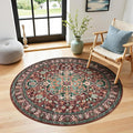 U'Artlines Boho Vintage Round Area Rug 4ft Machine Washable Low Pile Soft Floor Carpet Non Slip Non Shedding Accent Rug for Living Room Bedroom Entryway Dining Room Office Rust＆Teal