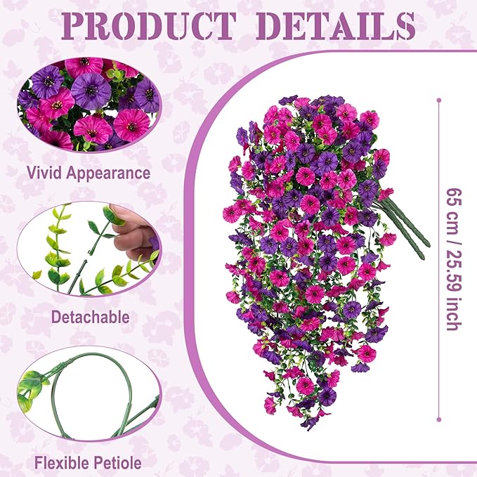 Artificial Hanging Petunias Flowers for Outdoor, 4pcs Fake Plants Long Vine Morning Glory Eucalyptus, UV Resistant Realistic Faux Greenery Indoor Outside Patio Porch Garden Spring Summer Decor, Purple