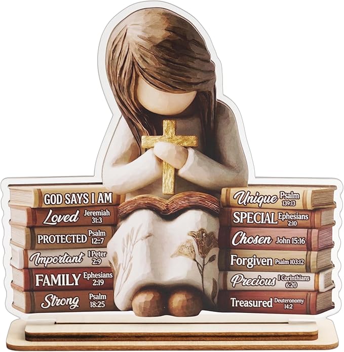 KATINAT Christian Gifts for Women, Bible Verse Desk Decor, God Says I Am Decorative Sign, Inspirational Religious Tabletop Plaque for Office Desk, Home, Prayer Room, Mother’s Day for Her