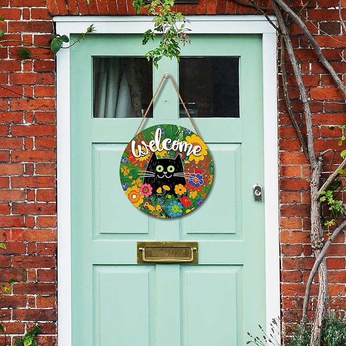 Welcome Spring Summer Black Cat Sign for Front Door Decor Spring Flowers Door Hanger for Outdoor Outside Porch Seasonal Summer Farmhouse Wooden Wreath Colorful Wall Hanging Decoration 12"x12"