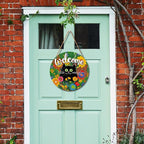 Welcome Spring Summer Black Cat Sign for Front Door Decor Spring Flowers Door Hanger for Outdoor Outside Porch Seasonal Summer Farmhouse Wooden Wreath Colorful Wall Hanging Decoration 12"x12"