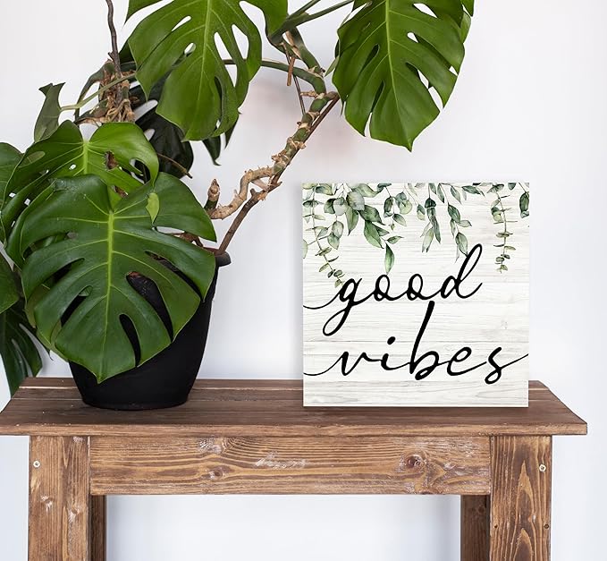 SRADMO Botanical Eucalyptus Leaves Wood Box Sign Desk Decor 8x8 inches, Rustic Eucalyptus Leaves Wooden Block Box Sign Decoration For Home Shelf Table Office Decor Decorative Signs & Plaques
